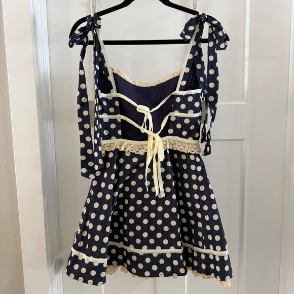 NWT XS For Love & Lemons Dolly Denim Navy Polka Dot Mini Dress Tie Lace Trim